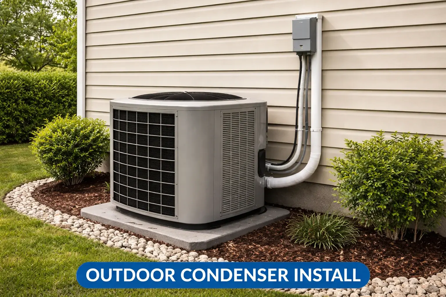 Outdoor mini split condenser with line-set routing for efficient zoned HVAC operation