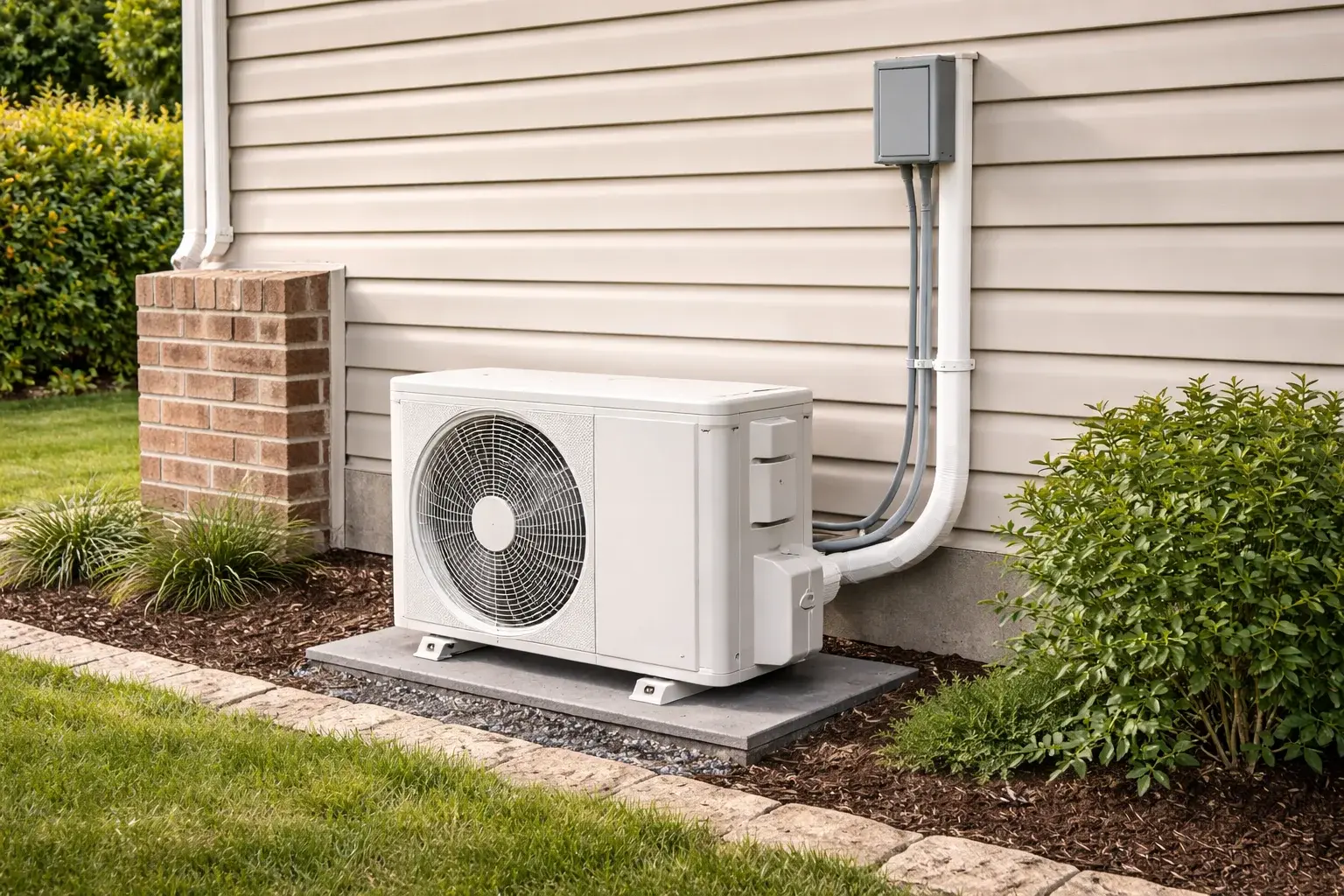 Outdoor mini split condenser with line-set routing for efficient zoned HVAC operation
