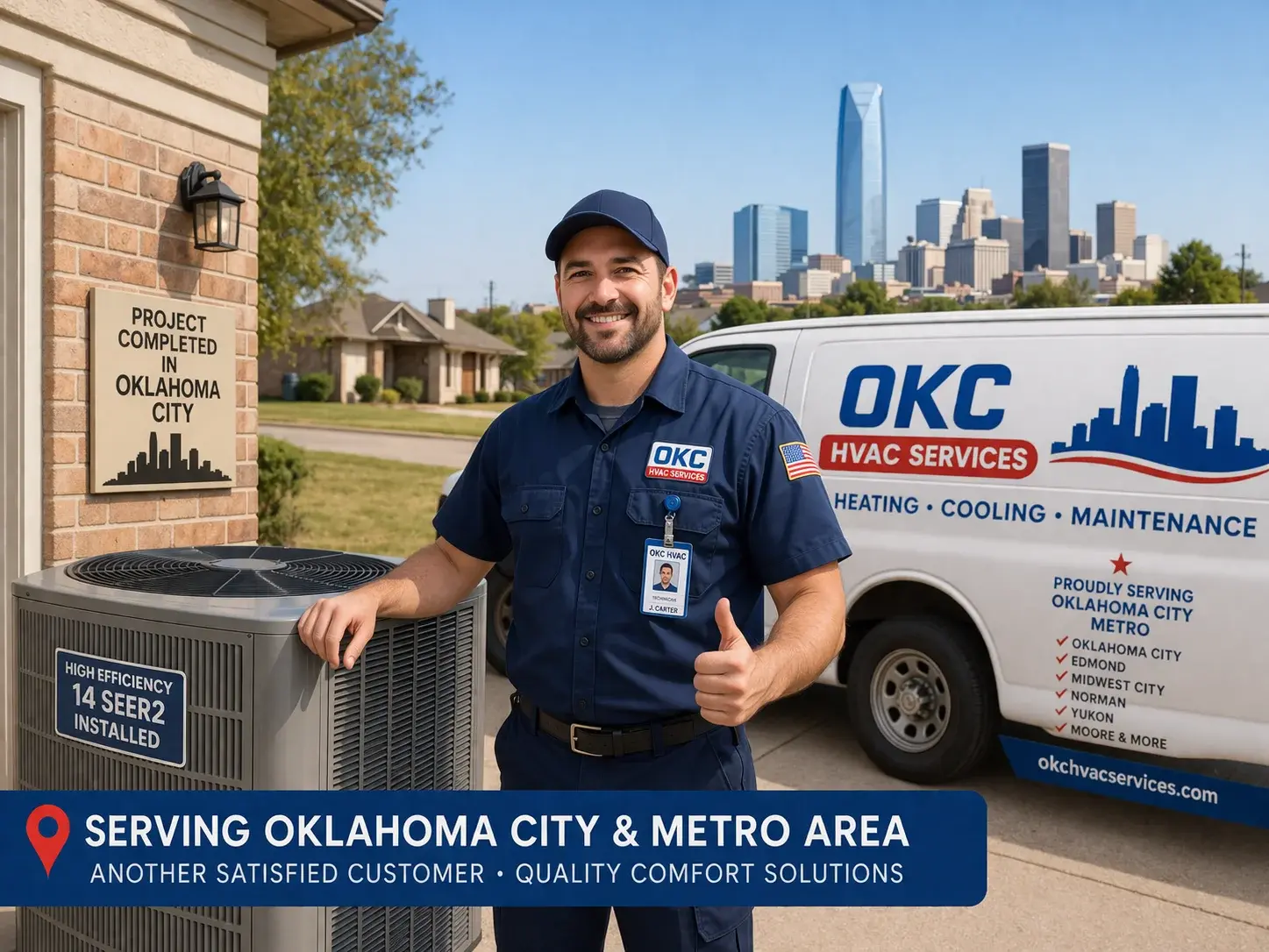 HVAC technician servicing equipment for an Oklahoma City home comfort visit