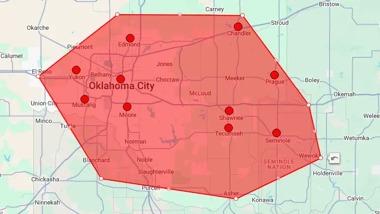 HVAC service area coverage map and technicians serving Shawnee, Oklahoma City (OKC), Yukon, Edmond, Mustang, Tecumseh, Seminole, Chandler, Prague, and nearby communities across Central Oklahoma