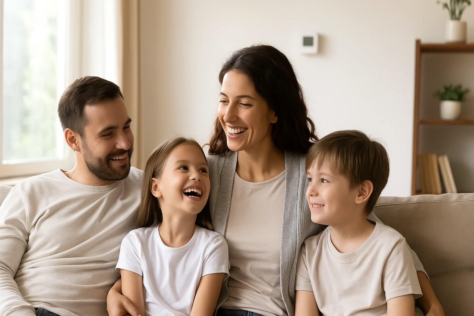 Family relaxing comfortably on a couch