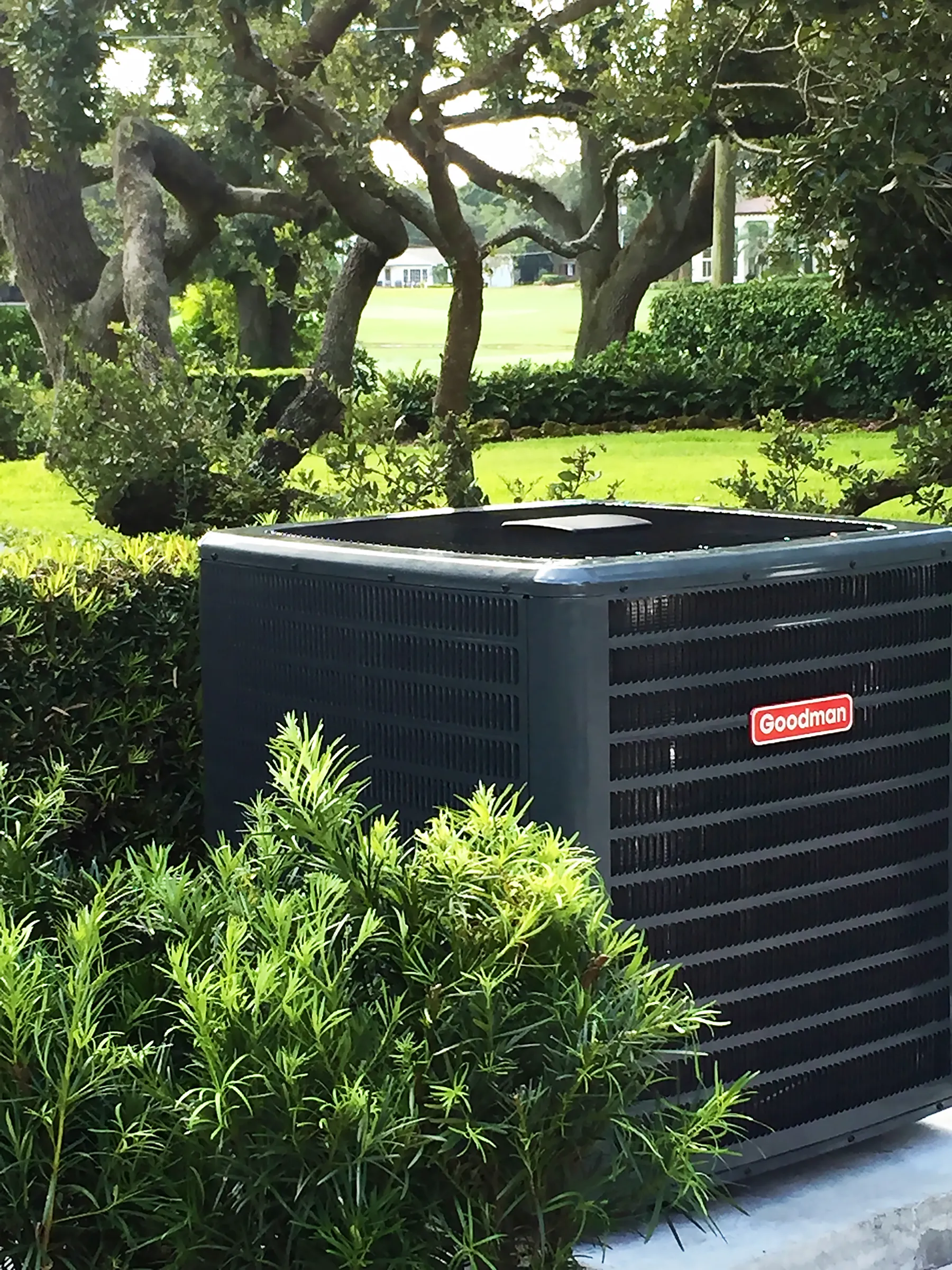 High-efficiency Goodman air conditioner with surrounding greenery